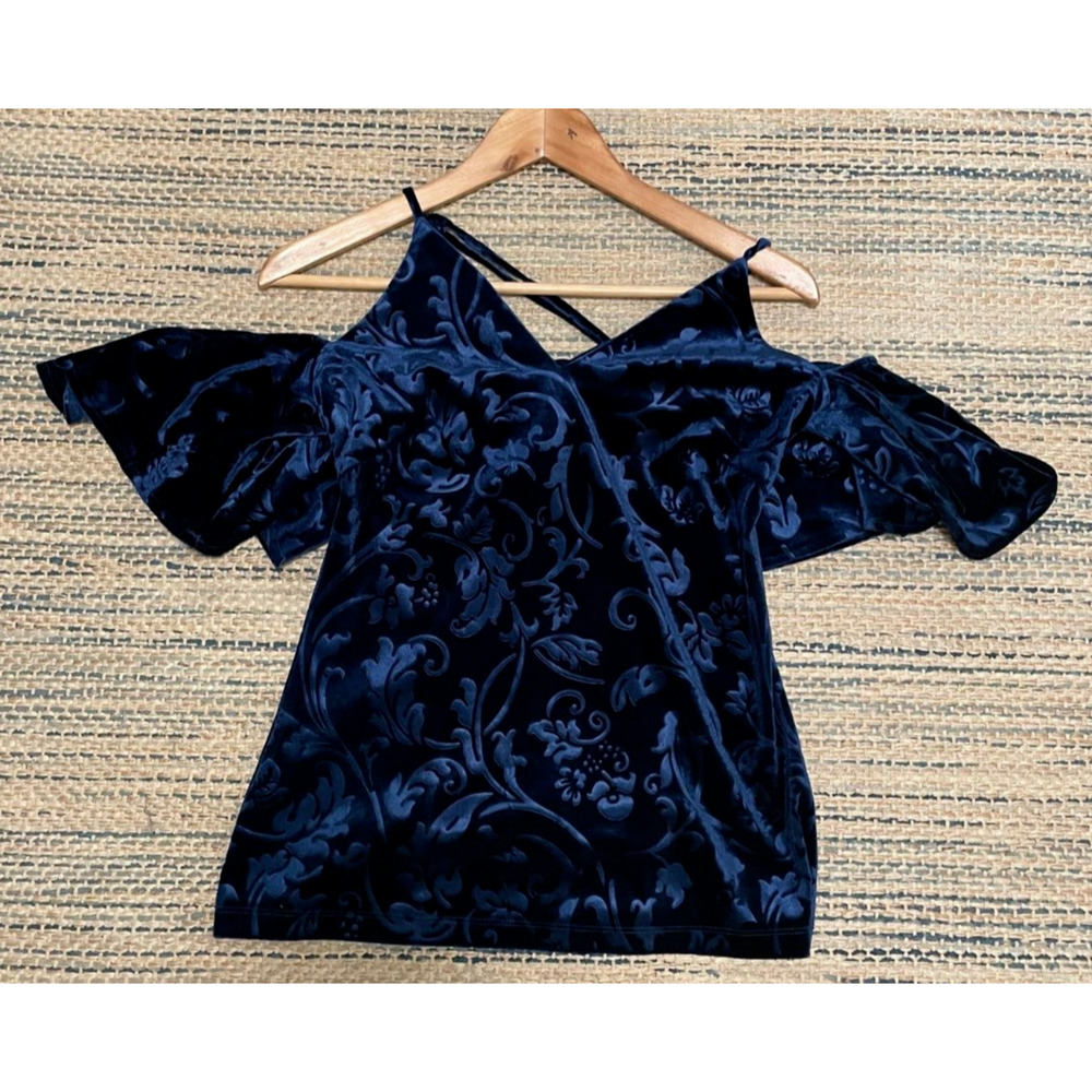 Alexia Admor Womens Top Small Blue Floral Damask Velvet Off the Shoulder Fairy